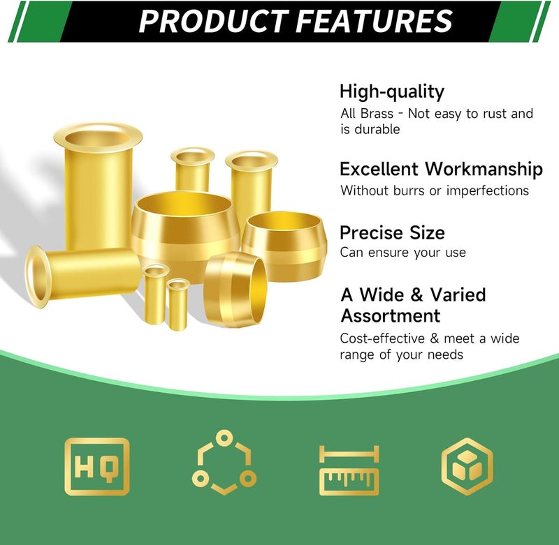 Japtend 460pcs Brass Compression Sleeves Ferrules Inserts Fittings Assortment Kit, 1/2" 3/8" 5/16" 1/4" 3/16" 1/8" 6 Sizes Hose Repair Kit of Air Water Fuel Oil Gas Tube Lines - Image 3